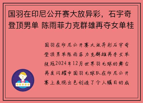 国羽在印尼公开赛大放异彩，石宇奇登顶男单 陈雨菲力克群雄再夺女单桂冠
