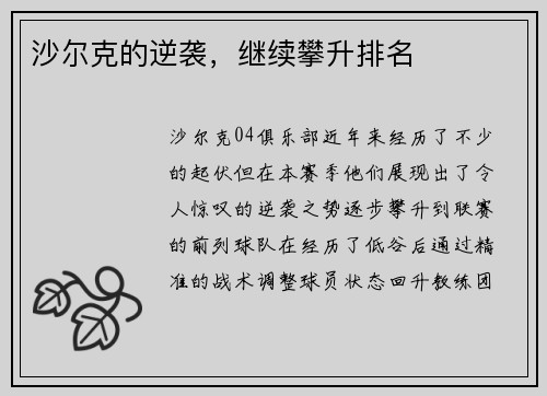 沙尔克的逆袭，继续攀升排名