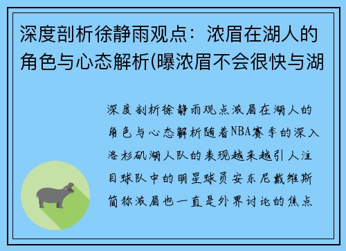 深度剖析徐静雨观点：浓眉在湖人的角色与心态解析(曝浓眉不会很快与湖人续约 计划5天后再做决定)