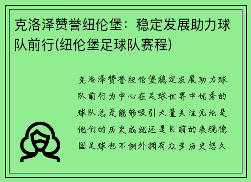 克洛泽赞誉纽伦堡：稳定发展助力球队前行(纽伦堡足球队赛程)