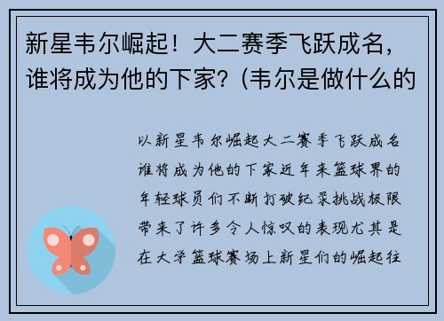 新星韦尔崛起！大二赛季飞跃成名，谁将成为他的下家？(韦尔是做什么的)