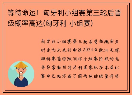 等待命运！匈牙利小组赛第三轮后晋级概率高达(匈牙利 小组赛)